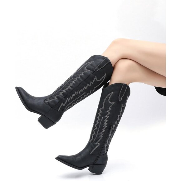 Women's Black Knee High Long Pointed Toe Classic Western Cowboy Boots With Zip - Picture 2 of 7